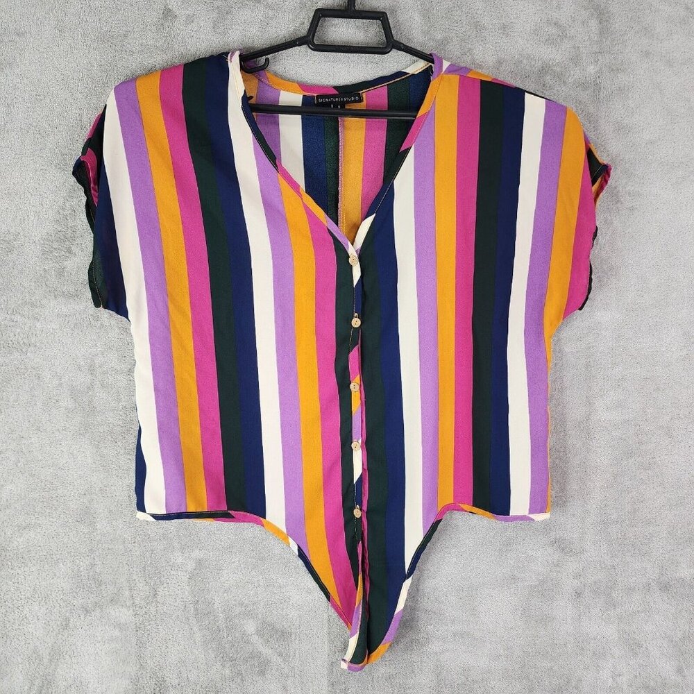 Womens Signature Studio Colorful Striped Blouse Shirt V Neck Button Down S - Picture 1 of 9